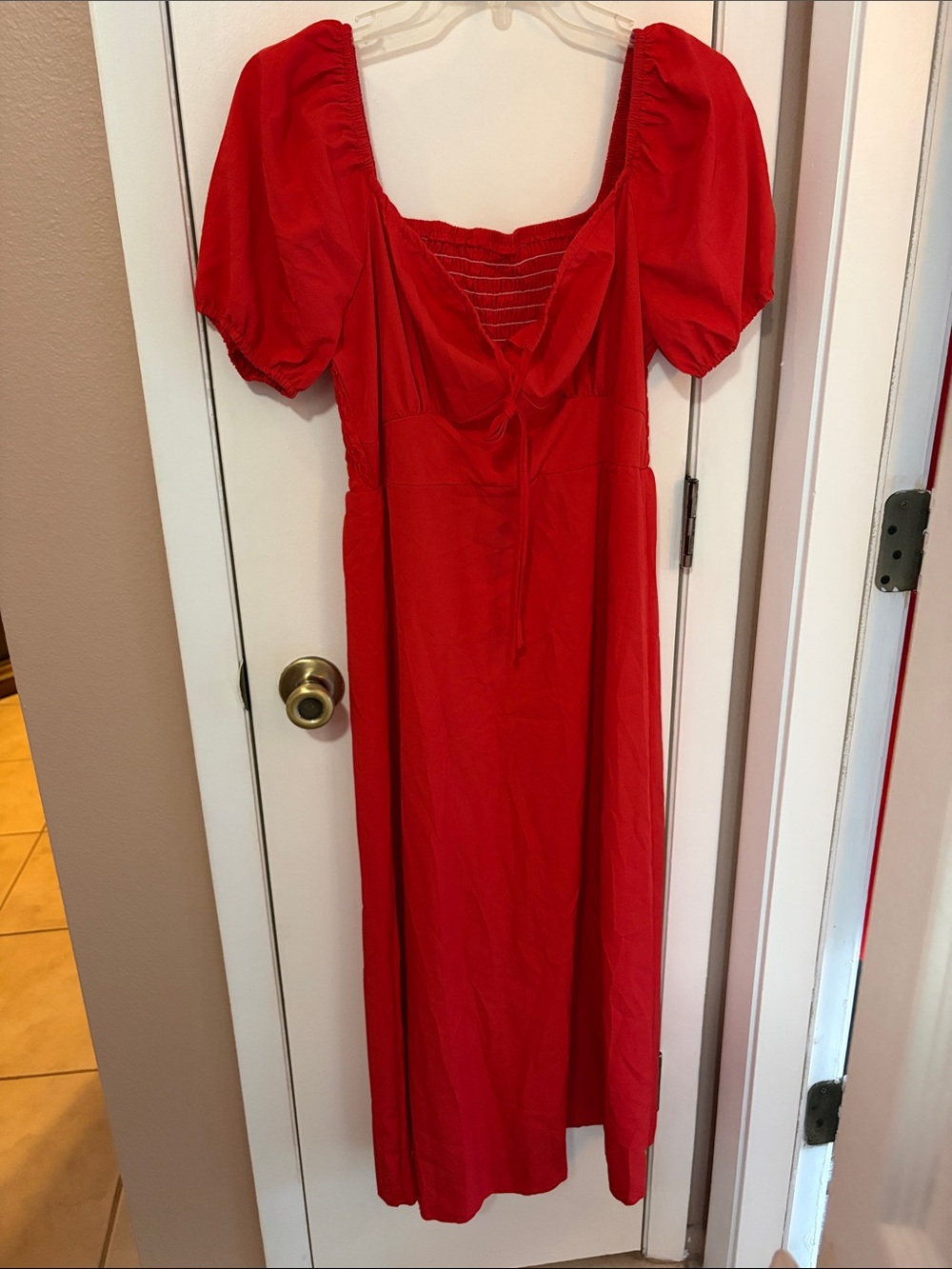 Red Puff Sleeve Midi Dress